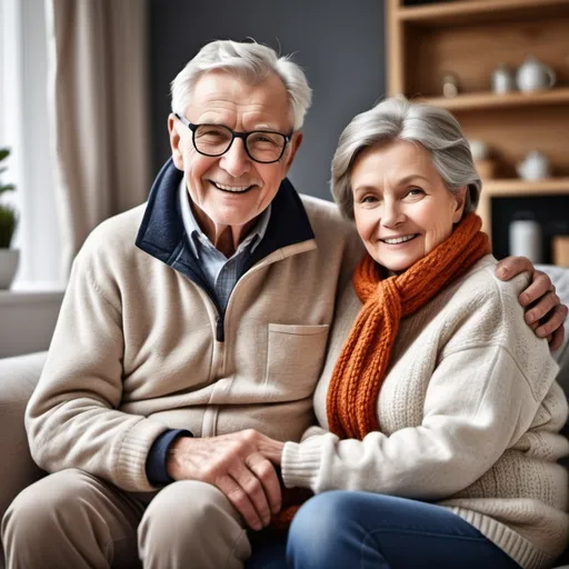 Prompt: create an image of an older couple at home wearing warm winter and keeping busy and active home to keep them warm

Make use of the following branding colours:

C: 53 M:85 Y:0 K:29
R: 114 G: 50 B: 114
#913a8a

C: 23 M:63 Y:0 K:0
R: 200 G: 120 B: 176
#c784b6

C: 74 M:18 Y:0 K:0
R: 27 G: 162 B: 221
#2fa8d9
C: 0 M:0 Y:0 K:82
R: 82 G:82 B: 81
#525151
