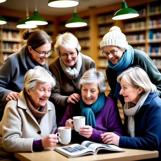 Prompt: create a picture of a group of older people in the UK sitting in a library wearing warm winter clothing, drinking hot drinks and making use of the warm space. There is a magazine on the table which is open, one of the pages is advertising a company called 'Hub Care Support' (www.hubcaresupport.co.uk. The advery says 'find your very own carer of personal assistant. 'Your choice, Your care, Your control'. Make use of the following branding colours:

C: 53 M:85 Y:0 K:29
R: 114 G: 50 B: 114
#913a8a

C: 23 M:63 Y:0 K:0
R: 200 G: 120 B: 176
#c784b6

C: 74 M:18 Y:0 K:0
R: 27 G: 162 B: 221
#2fa8d9
C: 0 M:0 Y:0 K:82
R: 82 G:82 B: 81
#525151
