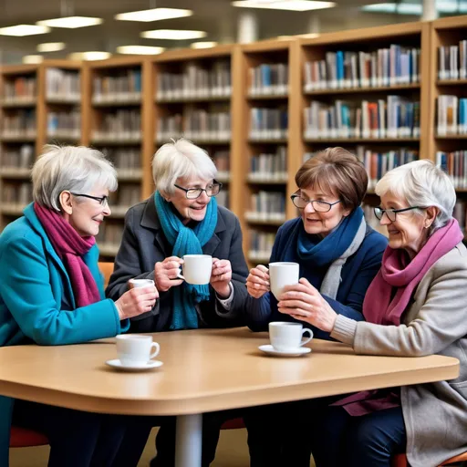 Prompt: create a picture of a group of older people in the UK sitting in a library wearing warm winter clothing, drinking hot drinks and making use of the warm space. There is a magazine on the table which is open, one of the pages is advertising a company called 'Hub Care Support' (www.hubcaresupport.co.uk. The advery says 'find your very own carer of personal assistant. 'Your choice, Your care, Your control'. Make use of the following branding colours:

C: 53 M:85 Y:0 K:29
R: 114 G: 50 B: 114
#913a8a

C: 23 M:63 Y:0 K:0
R: 200 G: 120 B: 176
#c784b6

C: 74 M:18 Y:0 K:0
R: 27 G: 162 B: 221
#2fa8d9
C: 0 M:0 Y:0 K:82
R: 82 G:82 B: 81
#525151
