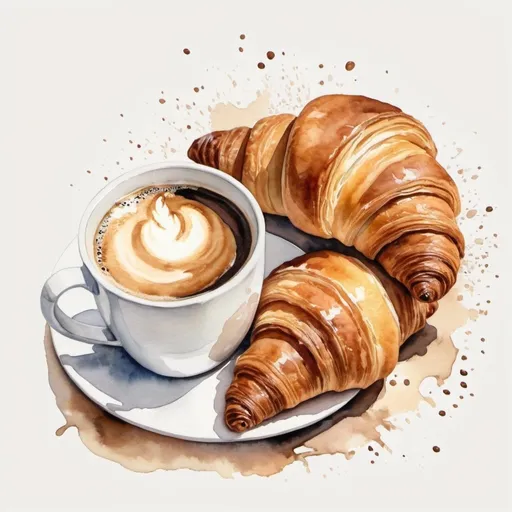 Prompt: coffee and croissant, in water colour, can be in beige or white background