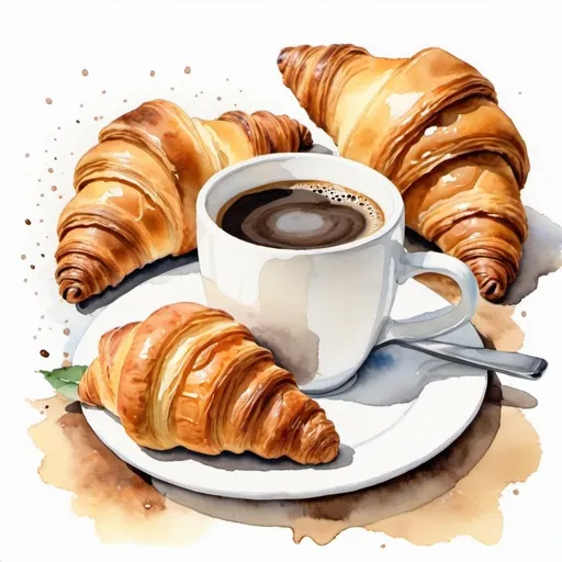 Prompt: coffee and croissant, in water colour, can be in beige or white background