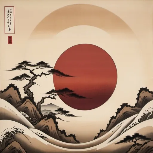 Prompt: old Japanese painting, Maroon sun in sky, light skin colored background theme, dramatic