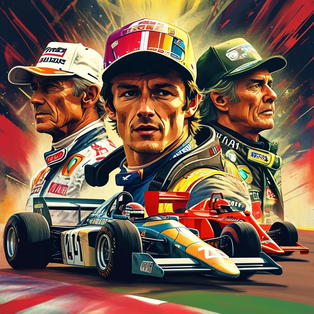Prompt: F1 legends with different poses next to their cars with different background effects