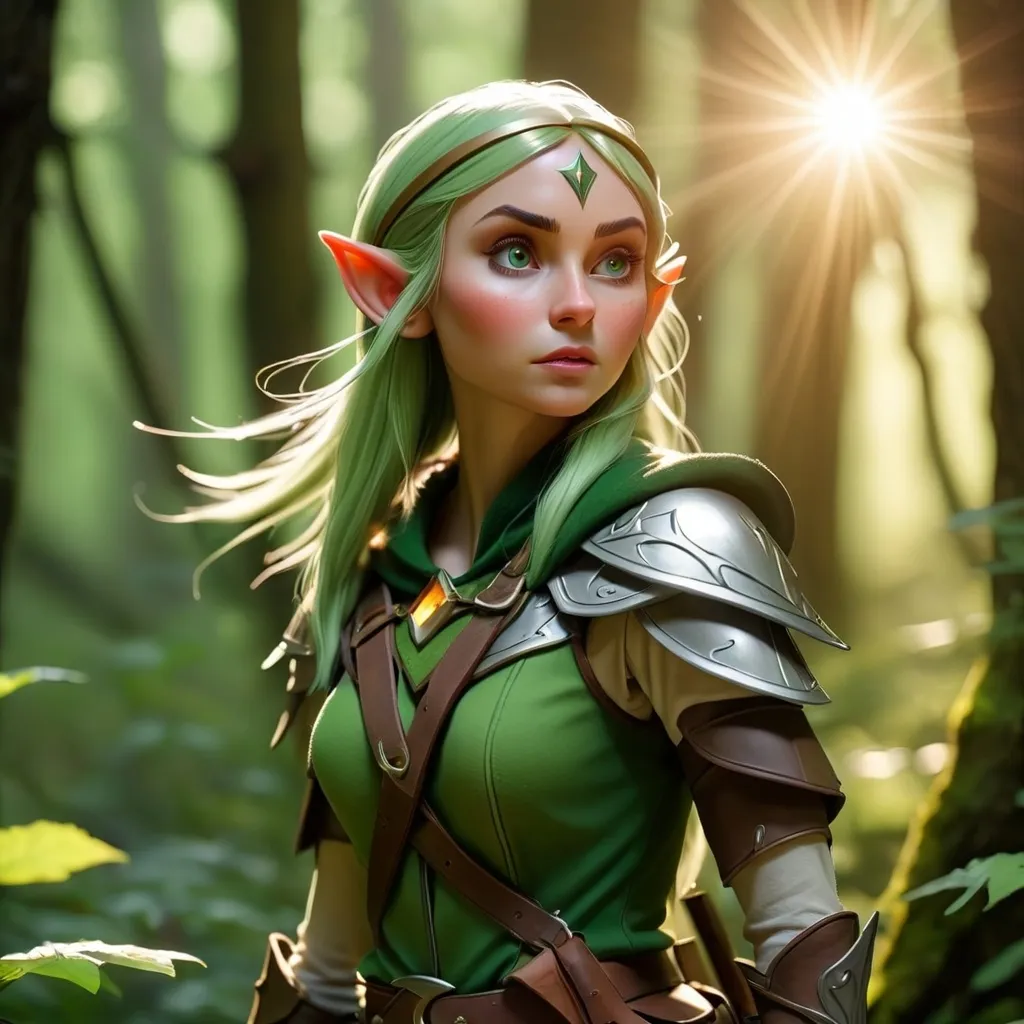 Prompt: Elf ranger in a mystical forest around sunlight