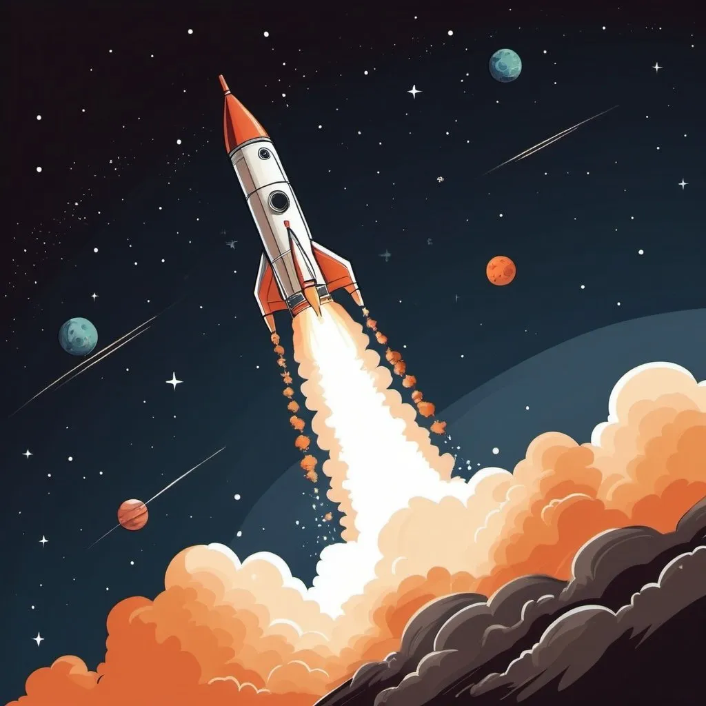 Prompt: A rocket flying in the space to reach a new planet, in a basic drawing style with a blank background