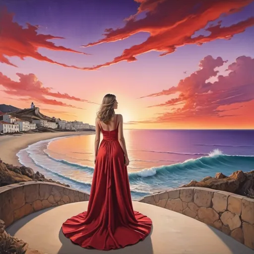 Prompt: white girl on a red dress facing the beach looking at the purpleish  sunset on salvador dali stile

