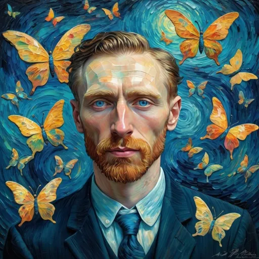 Prompt: (opal butterflies),on the face of (man in suit), (Van Gogh's style), impressionistic brush strokes, vibrant colors, a swirling night sky backdrop, detailed facial features, whimsical and enchanting ambiance, intertwining florals and natural elements, rich texture and depth, ultra-detailed, stunning composition, harmony of colors and movement.