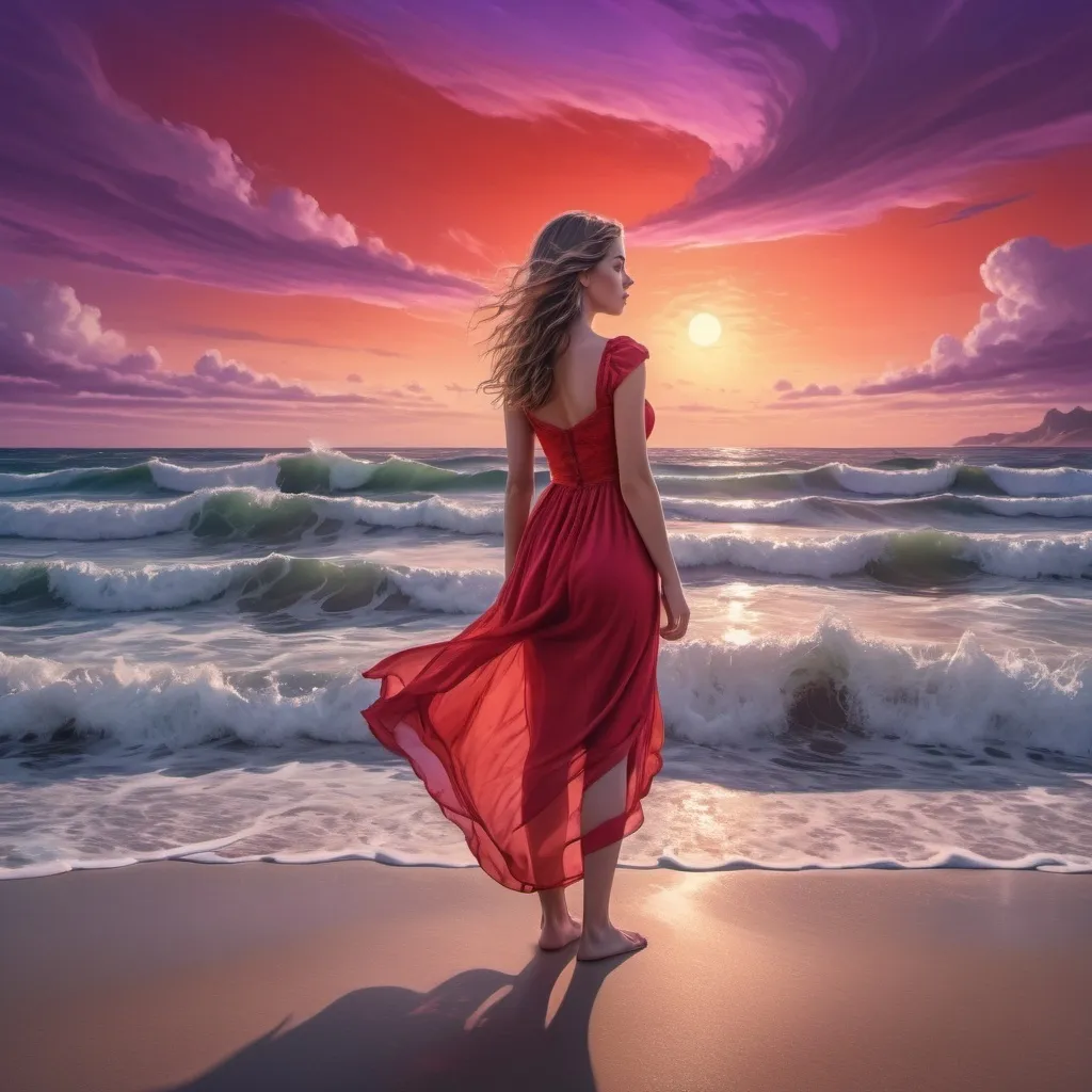 Prompt: white girl on a red dress facing the beach looking at the purpleish  sunset on salvador dali stile

