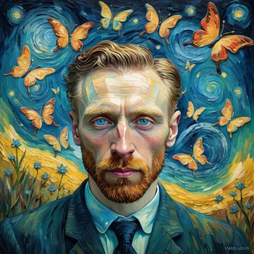 Prompt: (opal butterflies),on the face of (man in suit), (Van Gogh's style), impressionistic brush strokes, vibrant colors, a swirling night sky backdrop, detailed facial features, whimsical and enchanting ambiance, intertwining florals and natural elements, rich texture and depth, ultra-detailed, stunning composition, harmony of colors and movement.