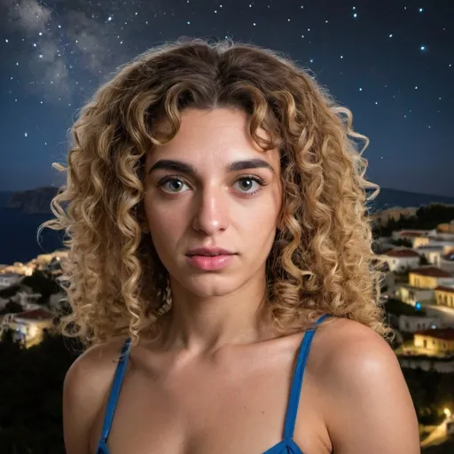 Prompt: greece night stars , transgender with curly hair
