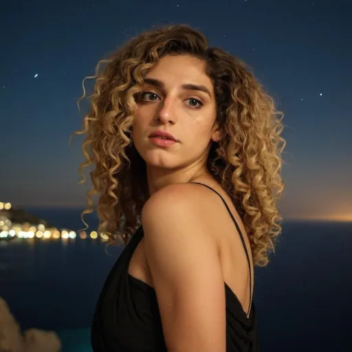 Prompt: greece night stars , transgender with curly hair
