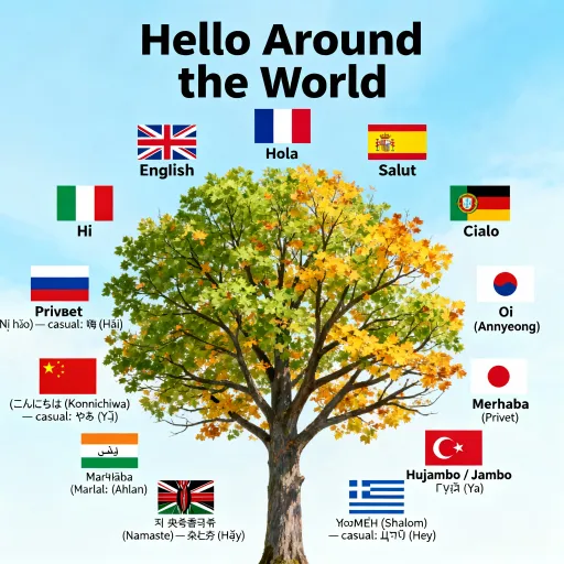 Prompt: Create a poster with a tree and hi in different languages as below. Also include countries flags

English → Hi

Spanish → Hola

French → Salut

German → Hallo

Italian → Ciao

Portuguese → Oi

Russian → Привет (Privet)

Chinese (Mandarin) → 你好 (Nǐ hǎo) — casual: 嗨 (Hāi)

Japanese → こんにちは (Konnichiwa) — casual: やあ (Yā)

Korean → 안녕 (Annyeong)

Arabic → مرحبا (Marḥaban) — casual: أهلا (Ahlan)

Hindi → नमस्ते (Namaste) — casual: हाय (Hāy)

Turkish → Merhaba

Swahili → Hujambo / Jambo

Greek → Γεια (Ya)

Hebrew → שלום (Shalom) — casual: היי (Hey)
