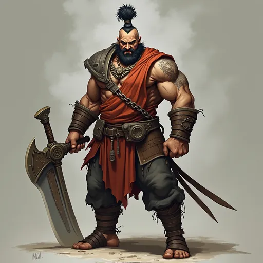 Prompt: Create a full body muscular warrior with weapon and intimidating face