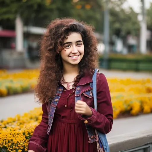 Prompt: young fair woman with curly hair wearing a maroon colored long dress and jeans jacket