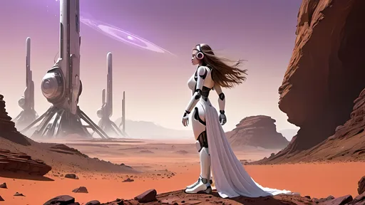 Prompt: 

"Create a striking scene of a young girl with long flowing hair, wearing a white dress, standing on a rocky outcrop. She is holding an electric guitar, her stance confident and powerful, while listening to music through purple headphones. Beside her stands a humanoid robot, also playing an electric guitar, its design sleek and futuristic. The setting is an expansive Martian landscape, with red sands and rugged terrain. In the background, futuristic space structures rise, showcasing the advanced technology of a human colony on Mars. The girl gazes into the distance, her expression focused and determined, while the robot mirrors her pose, adding to the sense of camaraderie and shared purpose. The sky above is a deep, dusty red, with hints of the Milky Way visible, adding to the otherworldly atmosphere."