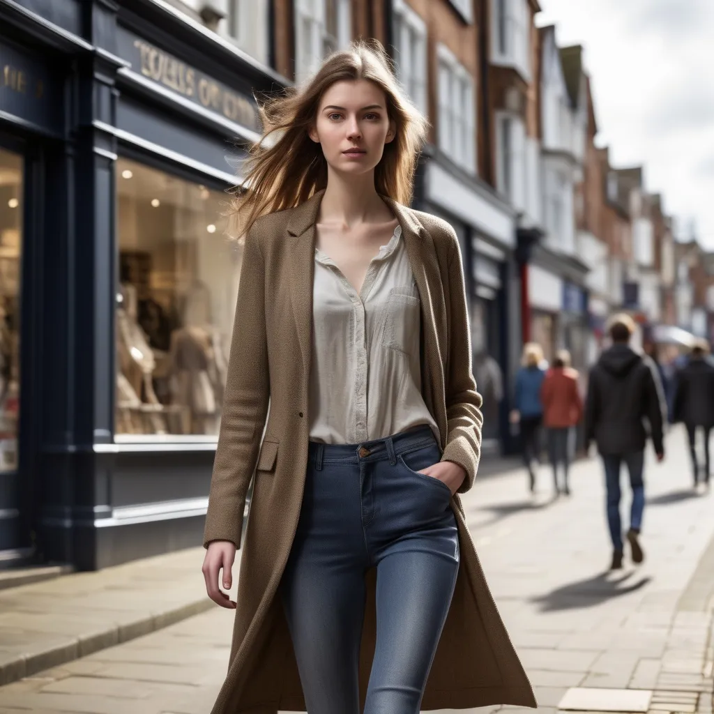 Prompt: Tall young woman walking down the high street, detailed clothing, realistic, natural lighting
