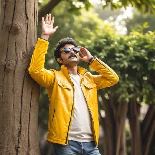 Prompt: a man in a yellow jacket leaning against a tree with his hand up to the tree trunk and wearing sunglasses, Bikash Bhattacharjee, samikshavad, jayison devadas, a stock photo