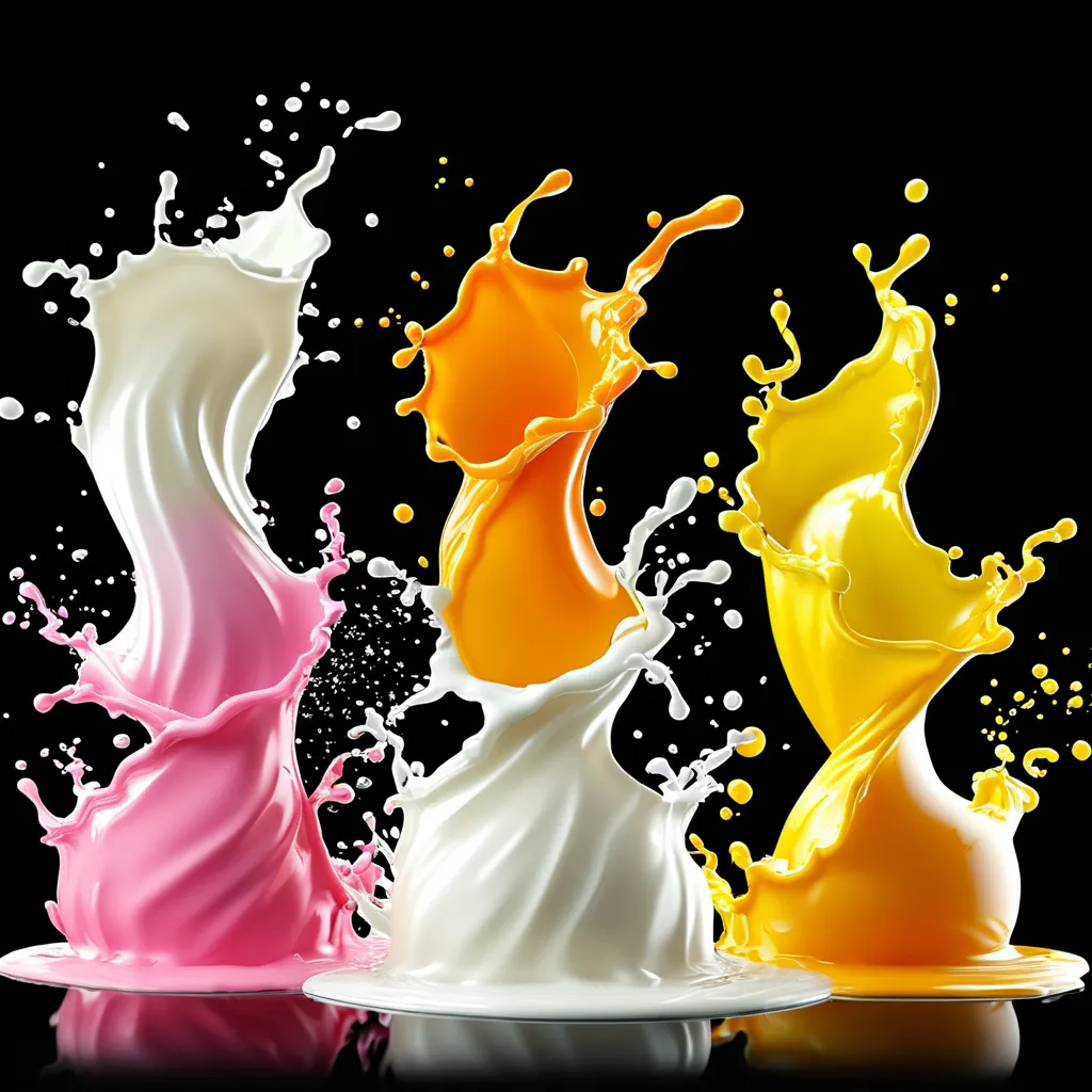 Prompt: generate 5 yoghurt splash , different poses on black background . png . splash long