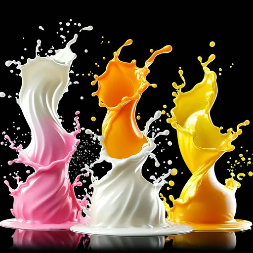 Prompt: generate 5 yoghurt splash , different poses on black background . png . splash long