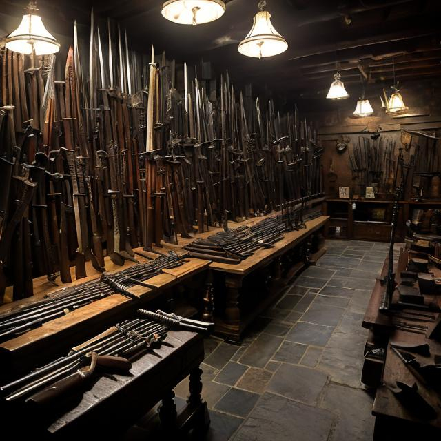 Prompt: dimly lit antique weapons shop, steel weapons on walls, swords, axes, maces, flails, 2 sconces provide all of the light, intricate stonework on the floor with runes softly glowing black and gray 