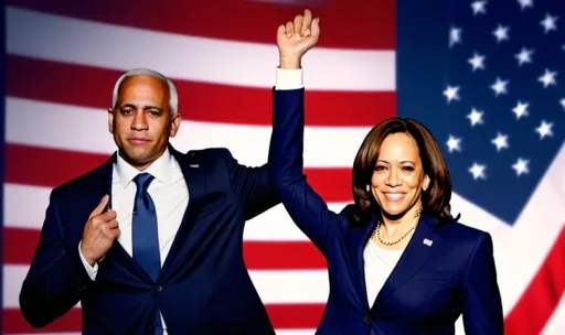 Prompt: Kamala Harris president standing alongside a short Latino male vice president 