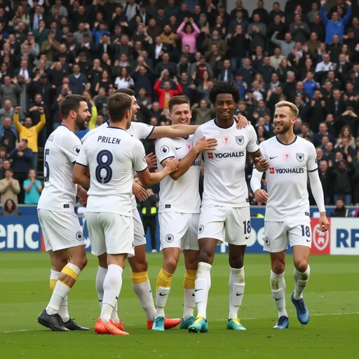 Prompt: show several male football players in white, blue and yellow kit, celebrating in front of a large crowd.
