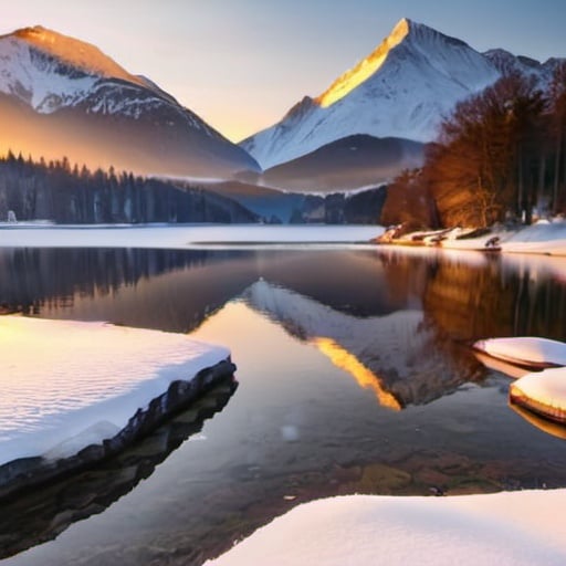 Prompt: Snowy mountains with sunrising in background over a lake 