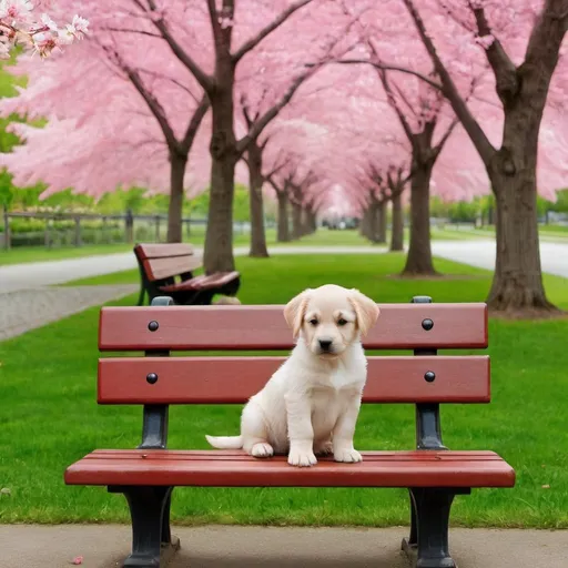 Prompt: Puppy, Park, Maple trees, Blossom trees, wooden bench