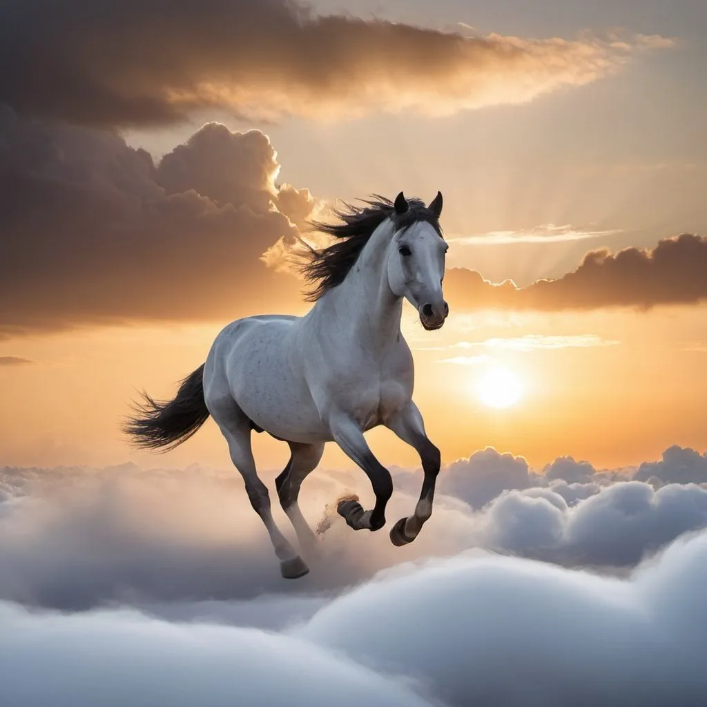 Prompt: Horse galloping on white fluffy clouds with the sunrising in the background 