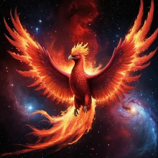 Prompt: Pheonix, spread wings, fire, galaxy sky, red