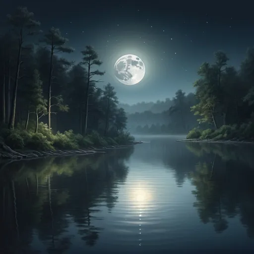 Prompt: Moon rising over tranquil water with dense forest, realistic digital painting, serene atmosphere, high quality, detailed reflections, calm color tones, soft moonlit glow, peaceful natural setting, misty atmosphere, realistic water ripples, tranquil night scene, subtle and natural lighting