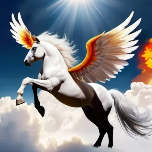 Prompt: Pegasus with a Firey mare & tail, flying in white fluffy clouds with the sunrising above 