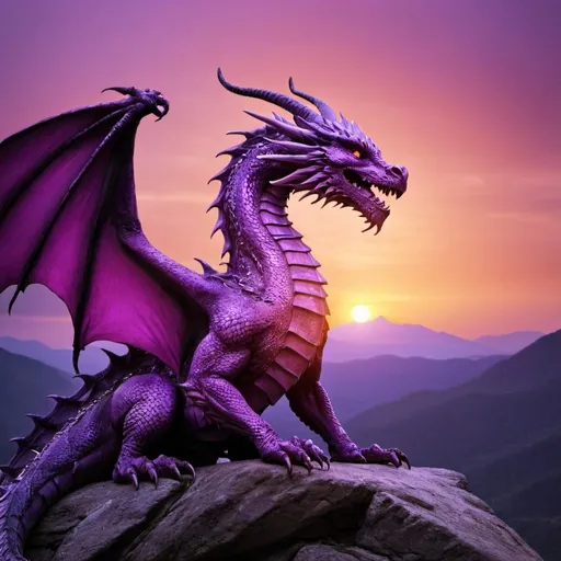 Prompt: Dragon, purple, sitting, sunset, mountains, breathing fire