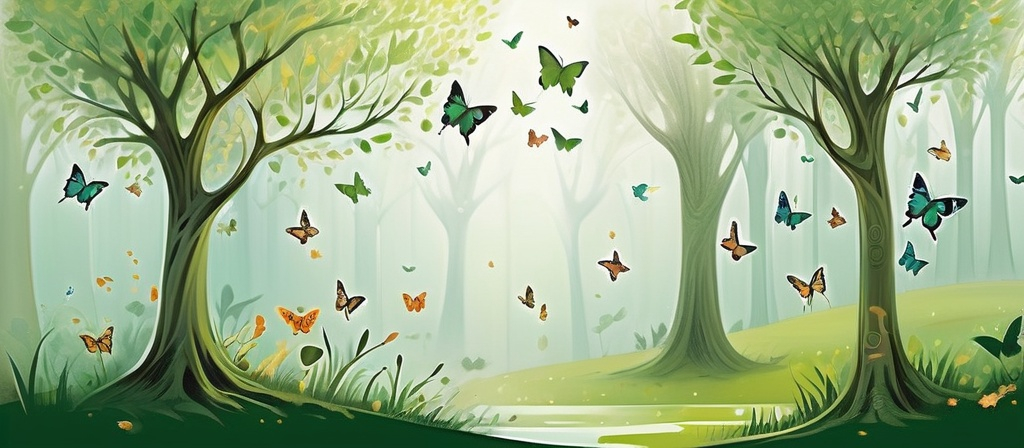 Prompt: (drawing of a vibrant green tree), butterflies fluttering around, lively atmosphere, enchanting scene, (magic realism) elements, bright and cheerful colors, dynamic movements of butterflies, intricate leaf details, mystical ambiance, soft light filtering through the leaves, (artistic sketch style), enhancing the sense of magic and wonder, (ultra-detailed), harmonious nature all around.