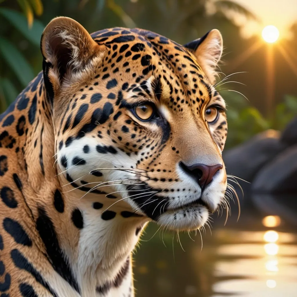 Prompt: Jaguar overlooking water at sunrise, realistic digital painting, detailed fur with warm reflections, intense and focused gaze, jungle setting, high quality, realistic, warm tones, atmospheric lighting, sunrise, detailed eyes, sleek design, professional