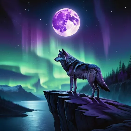 Prompt: Lone wolf standing on a cliff under the moonlit sky, wolf's gaze is fixed in the distance, the background is a blend of dark blues and purples, with the northern lights subtly illuminating the sky   