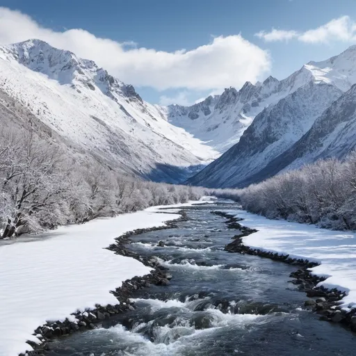 Prompt: Snowy mountains with a river 