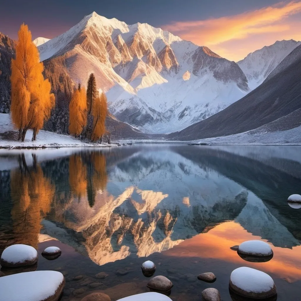 Prompt: A pristine lake reflecting the majestic snow-capped mountains and the warm hues of the sunset.  The calm waters and serene atmosphere evoke a sense of peace and harmony  