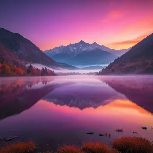 Prompt: Beautiful sunsetting behind mountains. fog low on the ground over a lake, sky a vibrant color of orange, purple and pink 
