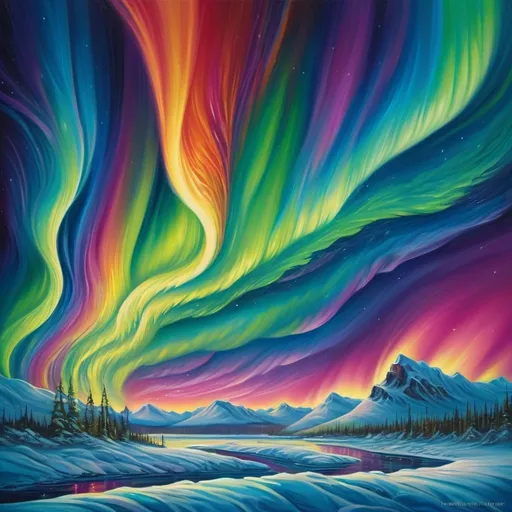 Prompt: Fluffy, vibrant northern lights with rainbow colors, aurora, high energy and fluid movement, frozen moment, liquid magic, vivid hues, mesmerizing and dynamic, colorful canvas, psychedelic abstract with vibrant colors, energetic flow, best quality, high energy, high quality, abstract, vibrant colors, northern lights, aurora, dynamic movement, psychedelic, fluffy texture, mesmerizing