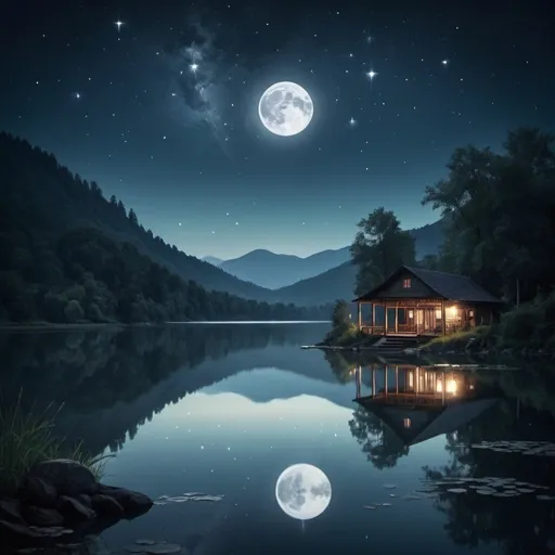 Prompt: Night was a tapestry woven with stardust, and the moon hung low, casting its sliver glow upon the tranquil lake.  The water rippled gently, as if whispering secrets to the stars above. 