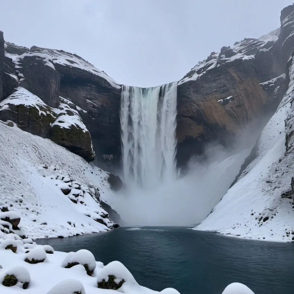 Prompt: Waterfall with a snowy background, with a lake