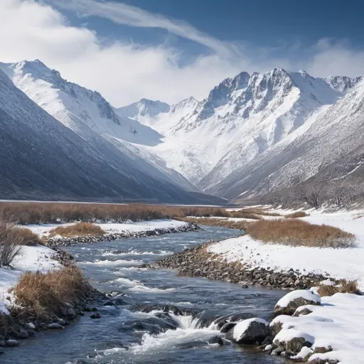 Prompt: Snowy mountains with a river 