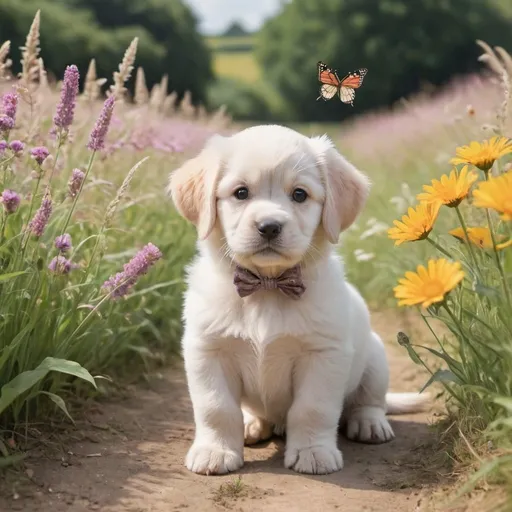 Prompt: Puppy's big day out in the countryside with butterflies and  flowers 