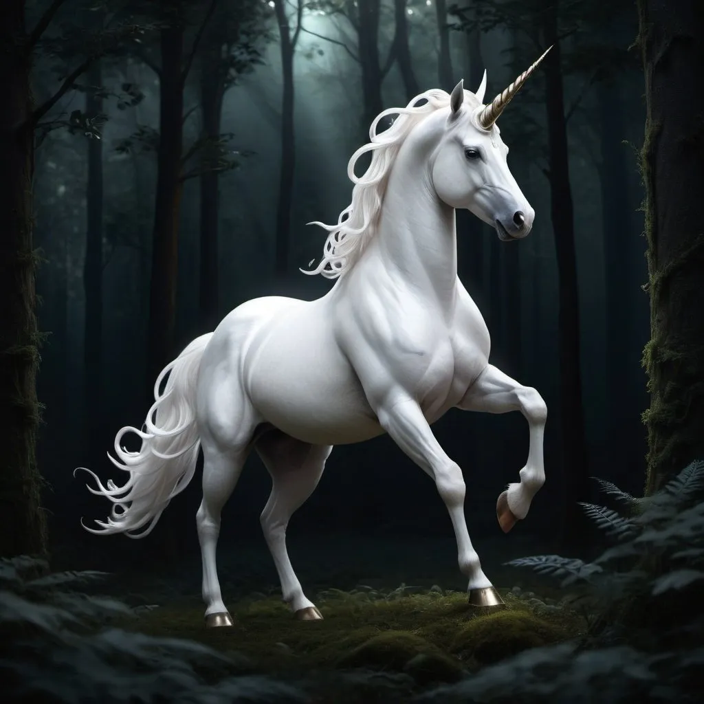 Prompt: White unicorn, glowing horn, dark forest background, tall, graceful form, spiraled horn, fit