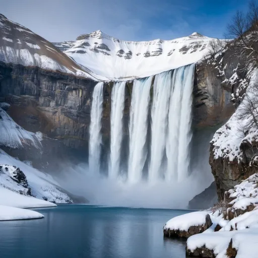 Prompt: Waterfall with a snowy background, with a lake