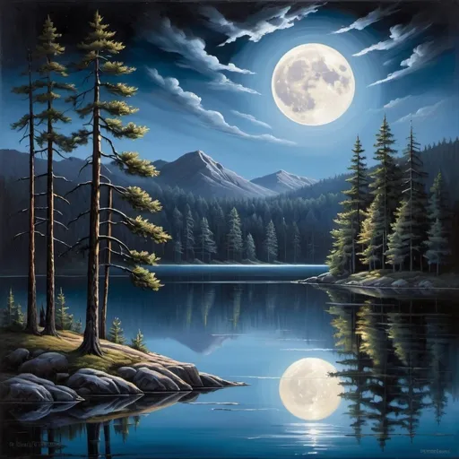 Prompt: Tranquil moonlit lake scene, silhouetted pine trees, radiant full moon, magical reflection, serene atmosphere, highres, detailed, oil painting, serene, enchanting, night scene, moonlit, calming tones, peaceful, serene lighting