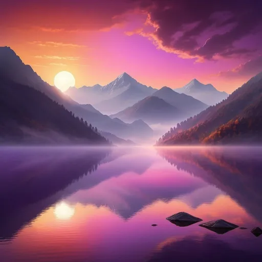 Prompt: Beautiful sun going down behind mountains, vibrant sky in shades of orange, purple, and pink, fog hovering over a serene lake, mountain silhouette, high quality, misty atmosphere, serene landscape, colorful sunset, atmospheric lighting, detailed mountains, calm and tranquil scene