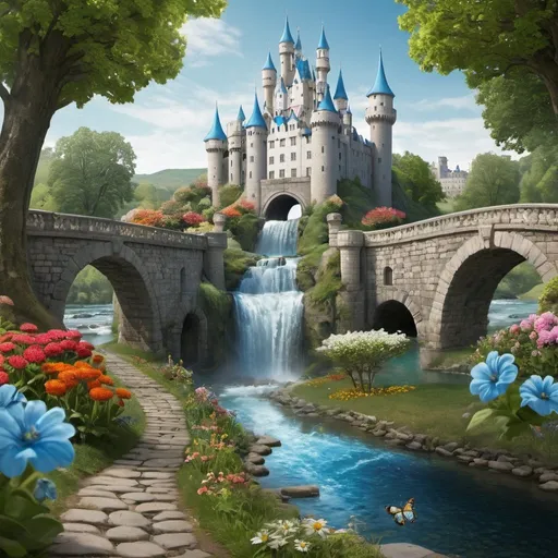 Prompt: Wonderland, flowers, upside down waterfalls, trees, park, cobblestone bridge, small blue caterpillar, river, castle in distance