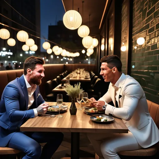 Prompt: Messi and Cristiano Ronaldo enjoying a cool-themed evening at Yaklo Restaurant, vibrant urban atmosphere, with stylish décor, and modern lighting. The table adorned with their favorite dishes, exuding a sense of camaraderie and joy. Glimpse of the outdoor scene as they leave, illuminated by soft city lights, capturing the essence of friendship and celebration, 4K ultra-detailed.